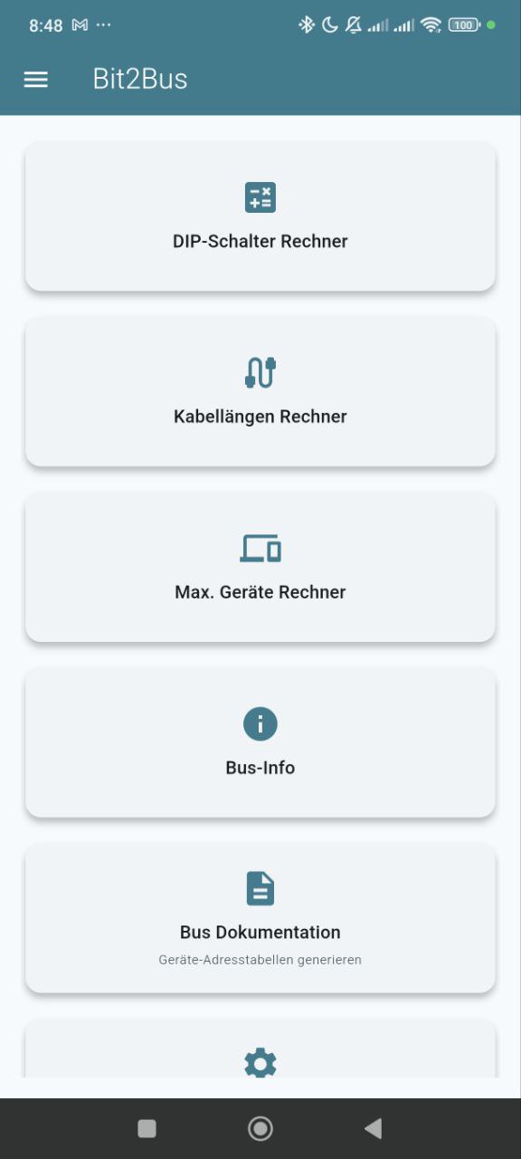 Bit2Bus mobile app home screen showing main navigation with calculator tools for DIP switches, cable length, voltage drop, and device optimization
